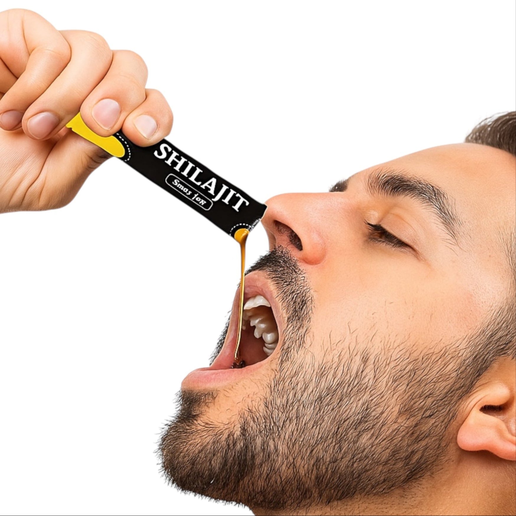 Person consuming Shilajit with a dropper, labeled 'Easy to consume'.